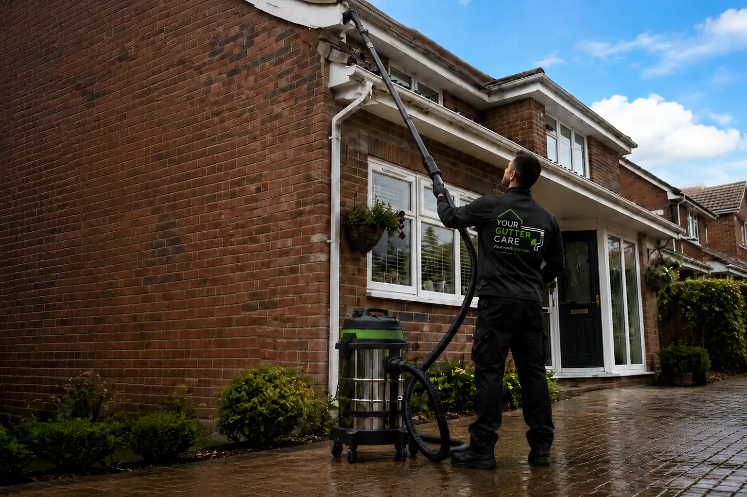 Your Gutter Care technician clearing gutters with a ground-based vacuum
